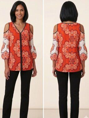 Chico’s Cold Shoulder Ruffle Bell Sleeve Blouse Size 0 Orange Mandala Paisley